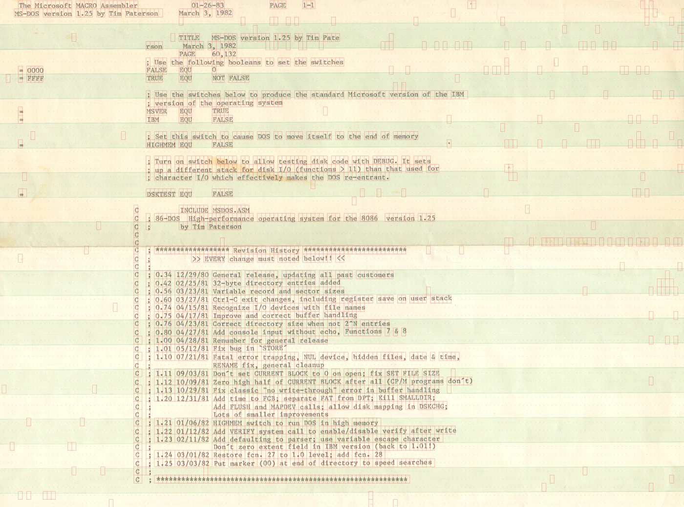 Character boxes extracted from a page of old source code