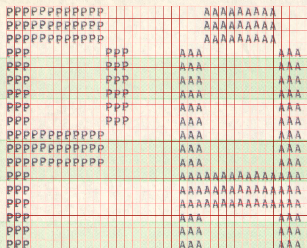 A source-code page with an inferred grid overlaid on top of the printed characters