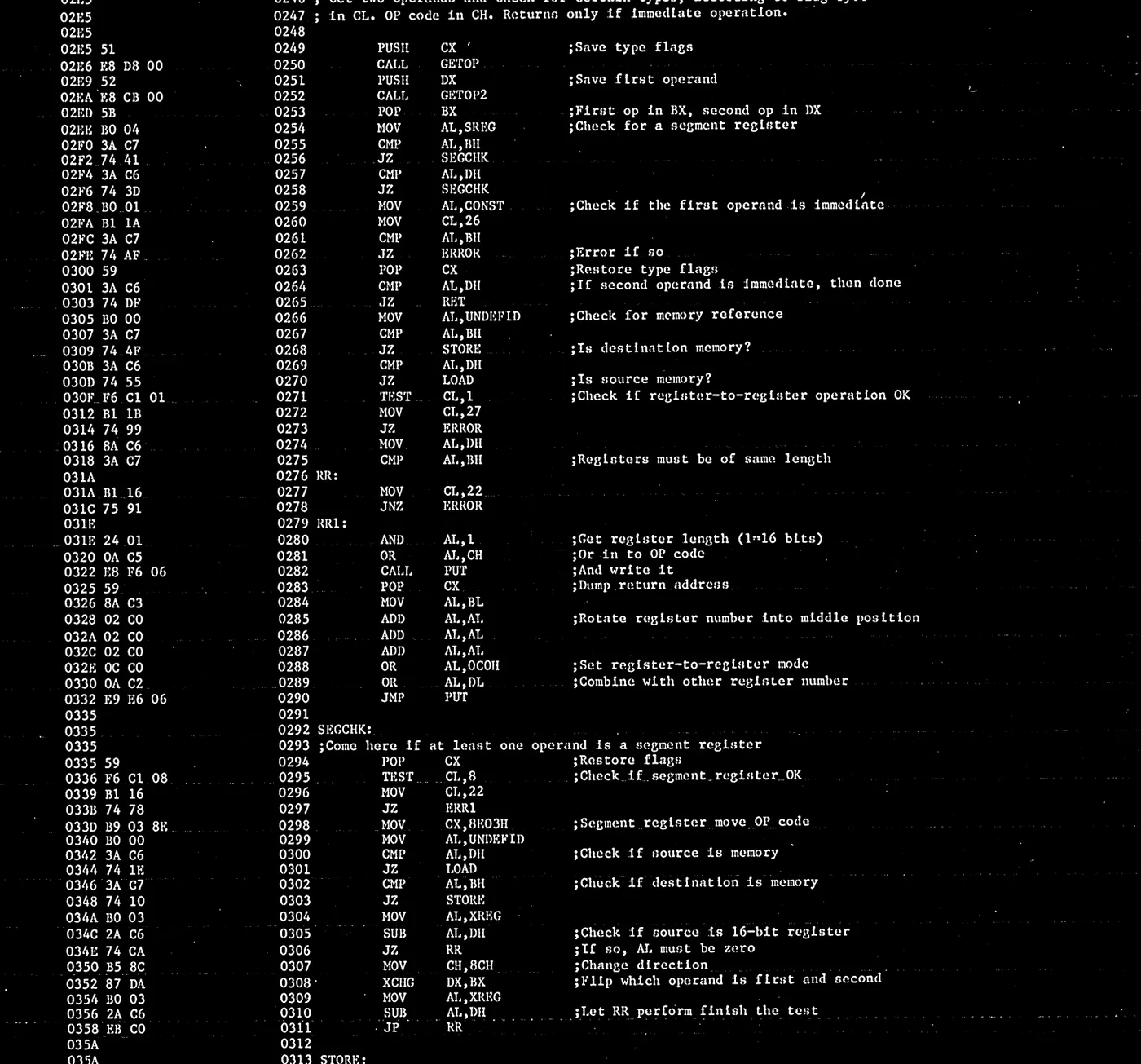 A binarised page showing the source listing reduced to black and white ink